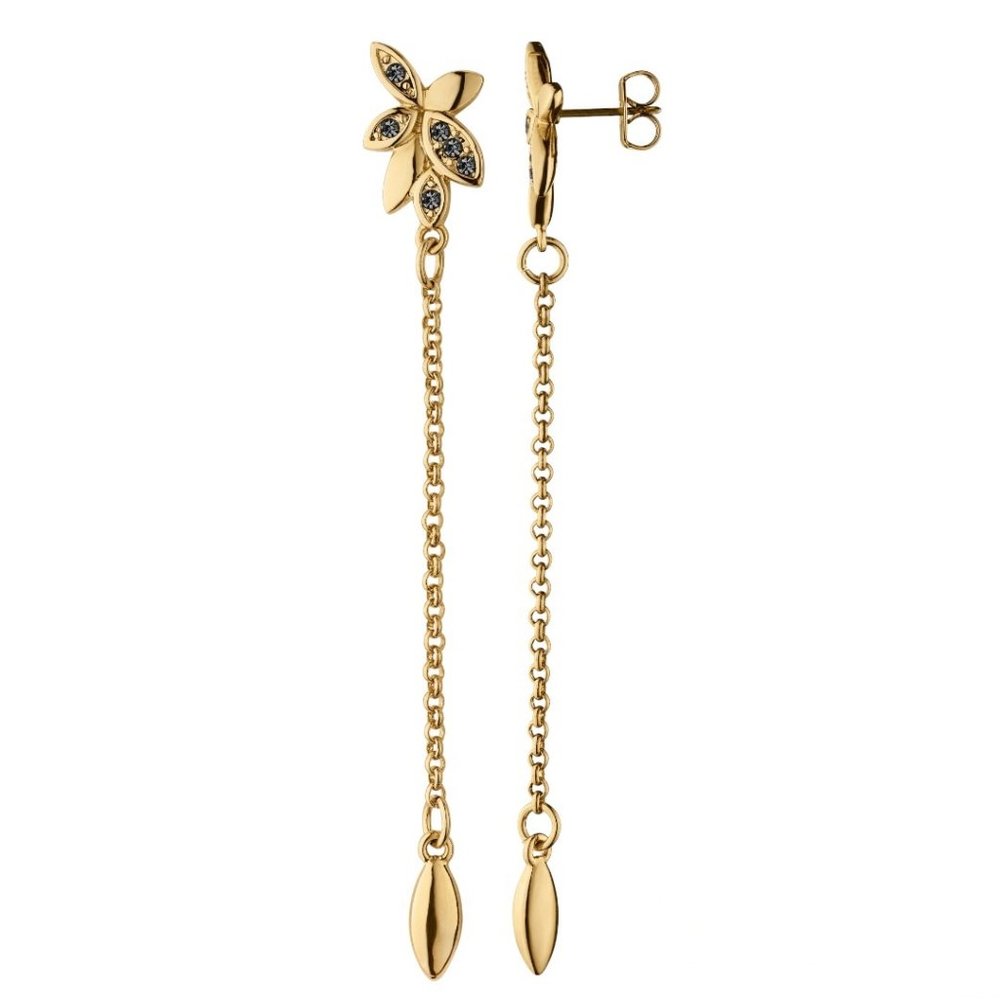 Dyrberg/Kern Flor gold with grey Swarovski crystal flower dangle chain earrings